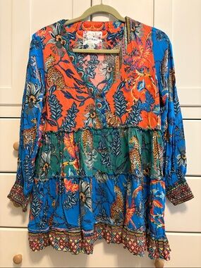 LuLalife Multicolor Tiered V-Neck Tunic — Blue, Orange & Green, sz small